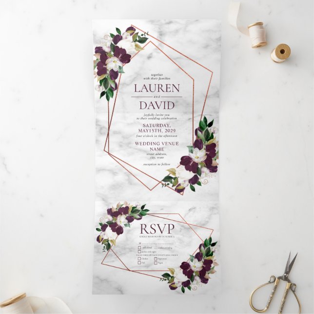 Copper Geometric Marble Plum Burgundy Floral Tri-Fold Invitation (Inside)