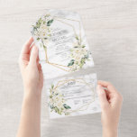 Copper Geometric Marble White Floral  Wedding All In One Invitation<br><div class="desc">Trendy and elegant, this white floral watercolor and geometric wedding invitation is an all-in-one format, designed to be posted without an envelope. The invitation features a faux copper geometric embellished with watercolor eucalyptus greenery and white floral arrangements, on a faux white marble background, and is easily personalised. To remove meal...</div>