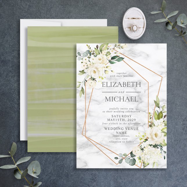 Copper Geometric Marble White Floral  Wedding Invitation (Creator Uploaded)
