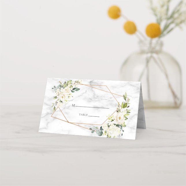 Copper Geometric Marble White Floral Wedding Place Card (Front)