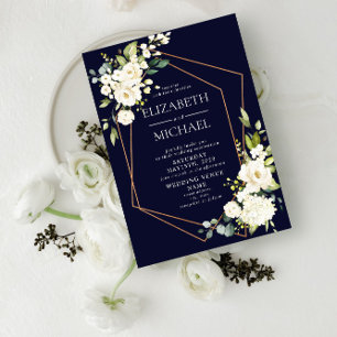 Copper Geometric Navy Blue White Floral Wedding Invitation
