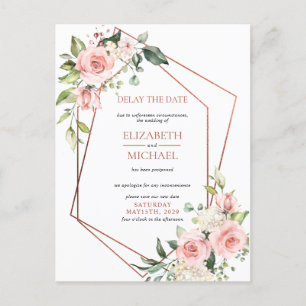 Copper Geometric Peach Pink Floral Delay Date Announcement Postcard