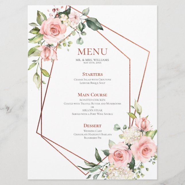Copper Geometric Peach Pink Floral Menu (Front)