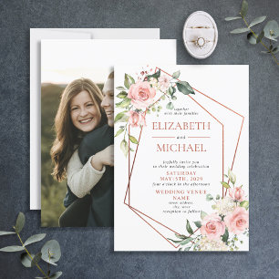 Copper Geometric Peach Pink Floral Wedding Invitation