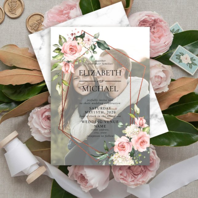 Copper Geometric Pink Floral Vellum Overlay Photo Invitation (Creator Uploaded)
