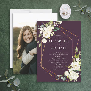 Copper Geometric Plum White Elegant Photo Wedding Invitation