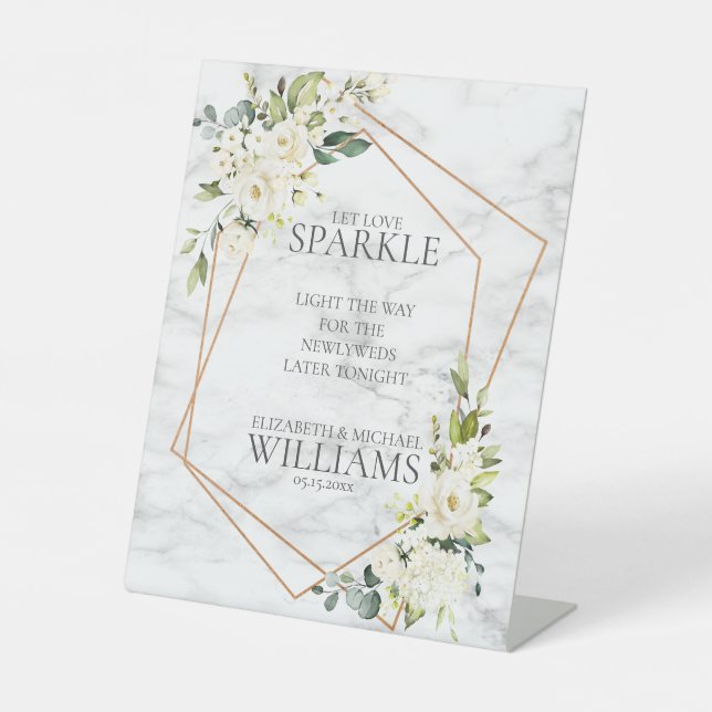 Copper Geometric White Floral Let love Sparkle Pedestal Sign (Front)