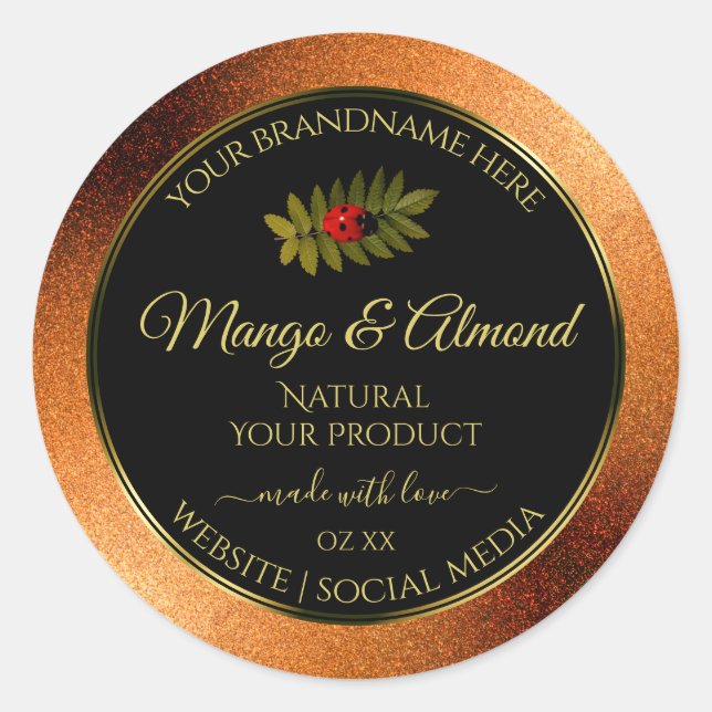 Copper Glitter Black Product Labels with Ladybug (Front)