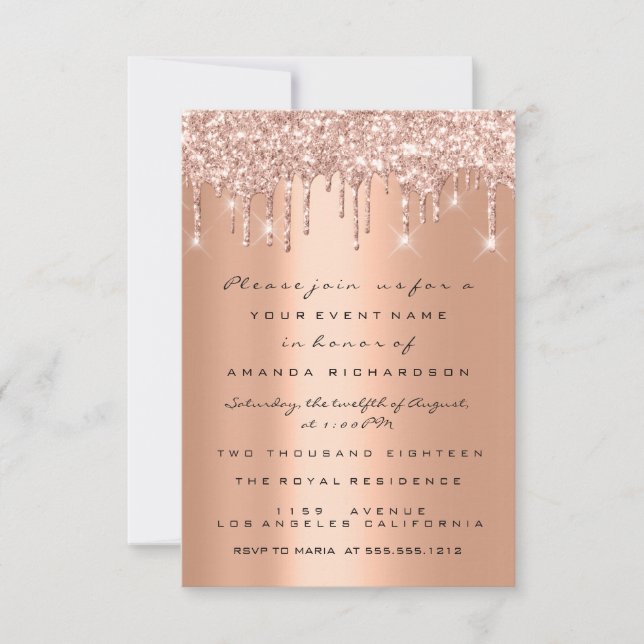 Copper Glitter Drips Rose Gold  Bridal Sweet 16th Invitation (Front)