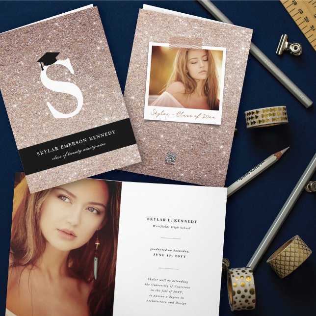 Copper Glitter Monogram Letter S Modern Photo Grad Announcement (Creator Uploaded)
