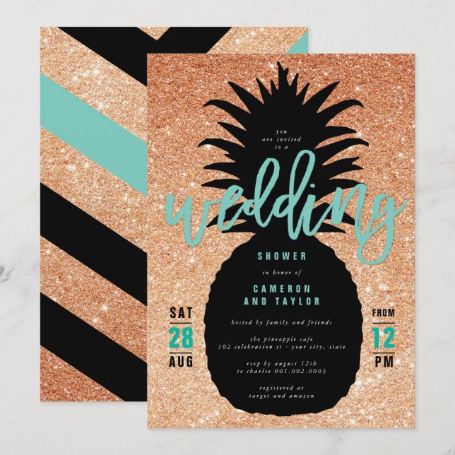 Copper Glitter Pineapple Wedding Shower Invite (Front/Back)