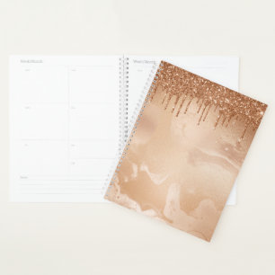 Copper Glitter Rain on Blush Copper Metal Marble Planner