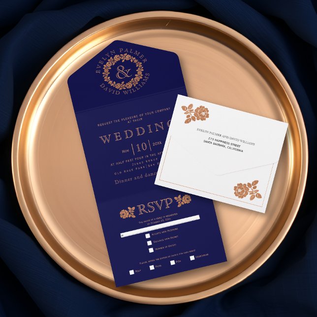 Copper glitter rose wreath on navy blue wedding  all in one invitation (Creator Uploaded)