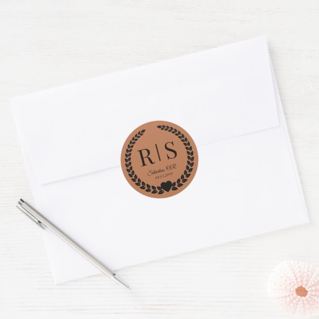 Copper Glow Wedding Monogram Initials Classic Round Sticker (Envelope)