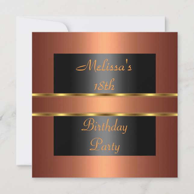 Copper Gold Black 18th Birthday Party Invitation (Front)