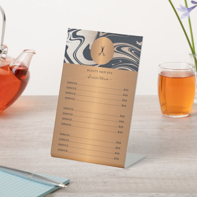 Copper gold black marble hair salon service menu pedestal sign (In SItu)