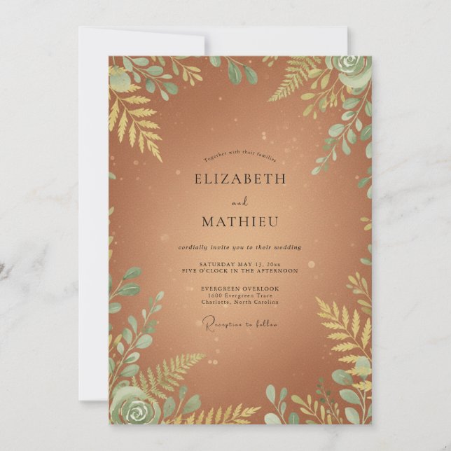 Copper Gold Fern Wedding Invitation (Front)