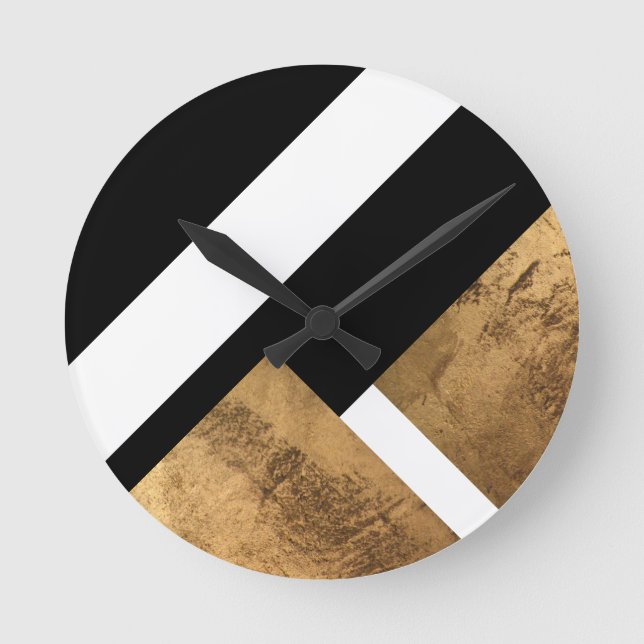 Copper Gold Geometric Chic Black White Round Clock (Front)