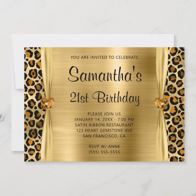 Copper Gold Leopard Foil Gem Heart 21st Birthday Invitation (Front)