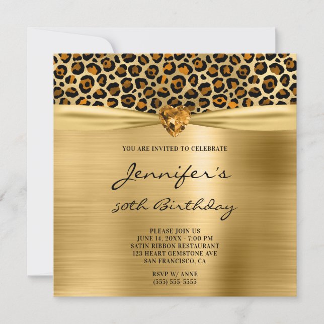 Copper Gold Leopard Foil Gem Heart 50th Birthday Invitation (Front)