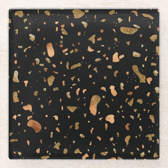 Copper Gold on Black Terrazzo Stone Glass Coaster (Front)