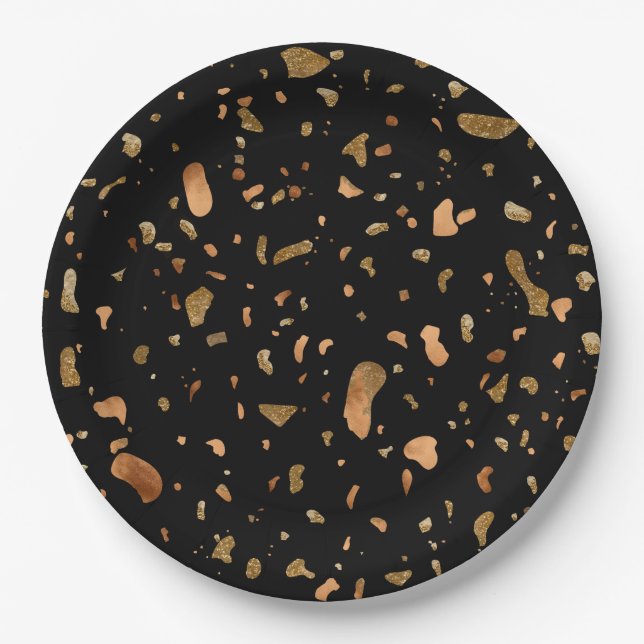 Copper Gold on Black Terrazzo Stone Paper Plate (Front)