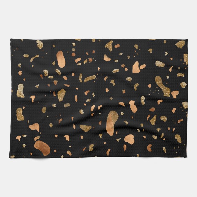 Copper Gold on Black Terrazzo Stone Tea Towel (Horizontal)