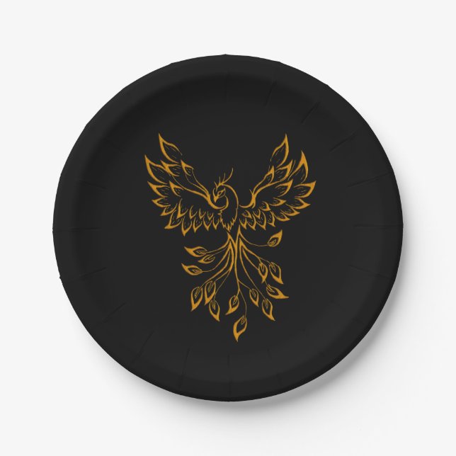 Copper Gold Phoenix Rises on Black  Paper Plate (Front)