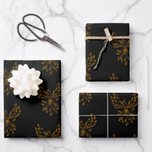 Copper Gold Phoenix Rises on Black Wrapping Paper Sheet