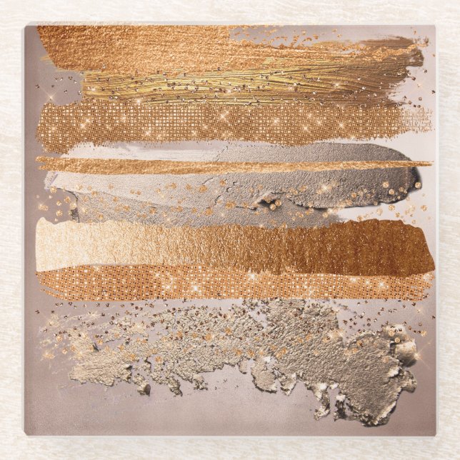 Copper Gold Strokes Glamour Texture Glass Coaster (Front)