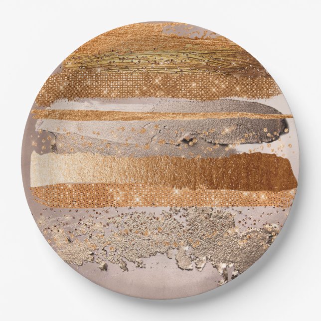 Copper Gold Strokes Glamour Texture Paper Plate (Front)