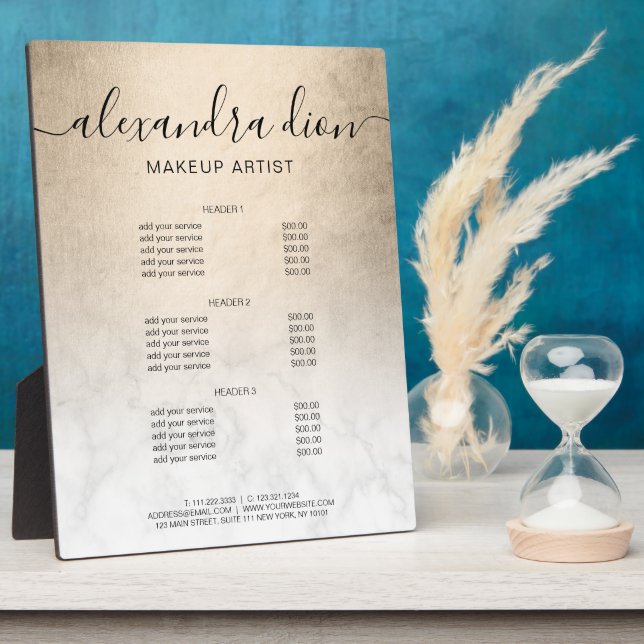 Copper gold white marble makeup artist services plaque (Side)