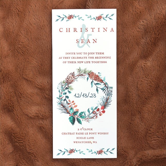 Copper, Green Pine Needle Wreath Wedding Invitation (winter pine needle wreath, copper, rust, winter green wedding invitations)
