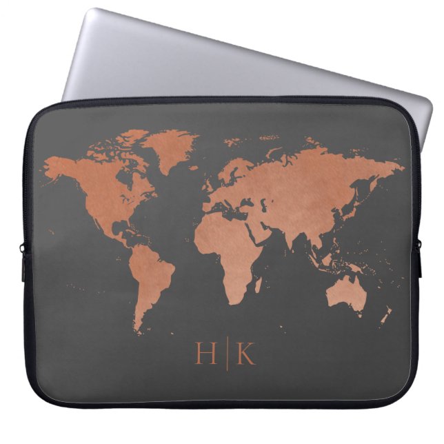 Copper Grey Professional World Map Monogrammed Laptop Sleeve (Front)