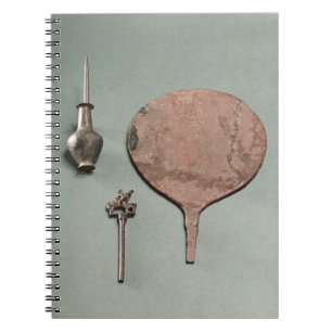 Copper hairpin, collyrium rod with pot and mirror, notebook