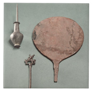 Copper hairpin, collyrium rod with pot and mirror, tile