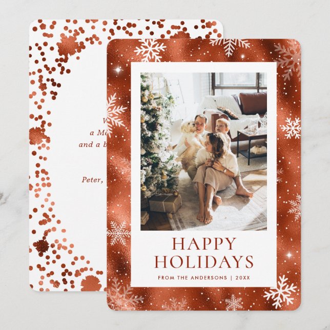 Copper Happy Holidays Snowflake Snow Photo Holiday Card (Front/Back)