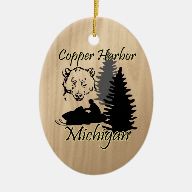 Copper Harbour Michigan Snowmobile Bear Ceramic Ceramic Tree Decoration (Front)