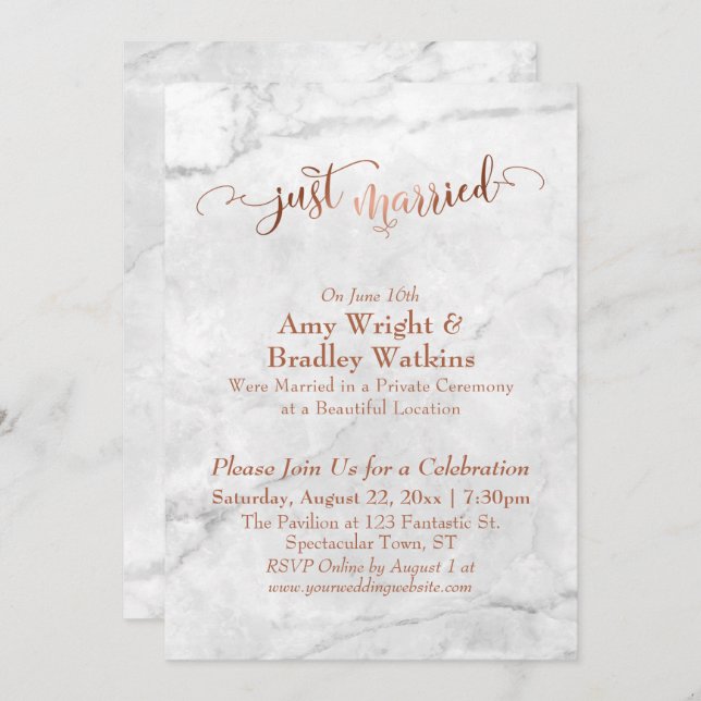 Copper Just Married Script over White Marble Invitation (Front/Back)