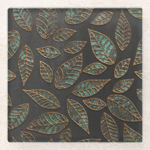 Copper leaves: black grunge texture. glass coaster