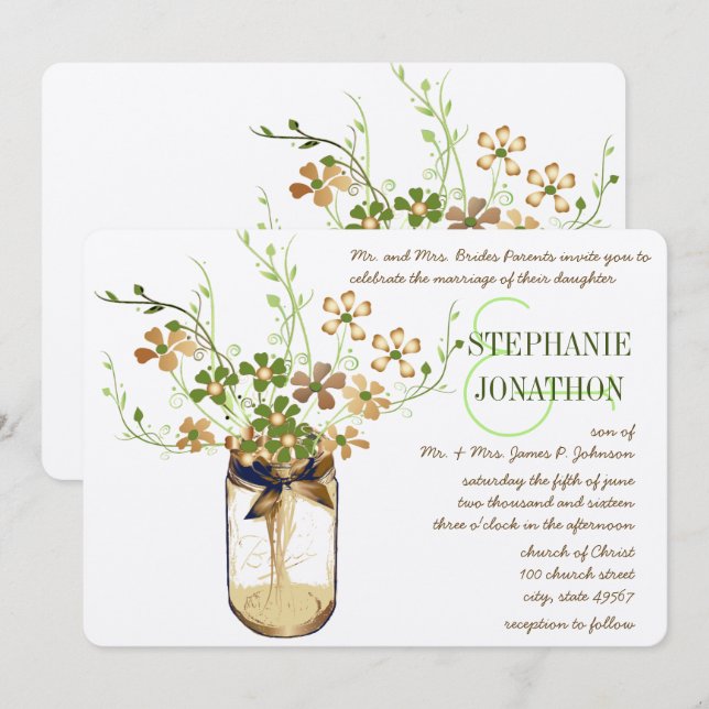 Copper Lime Olive Mason Jar Wild Flower Wedding Invitation (Front/Back)