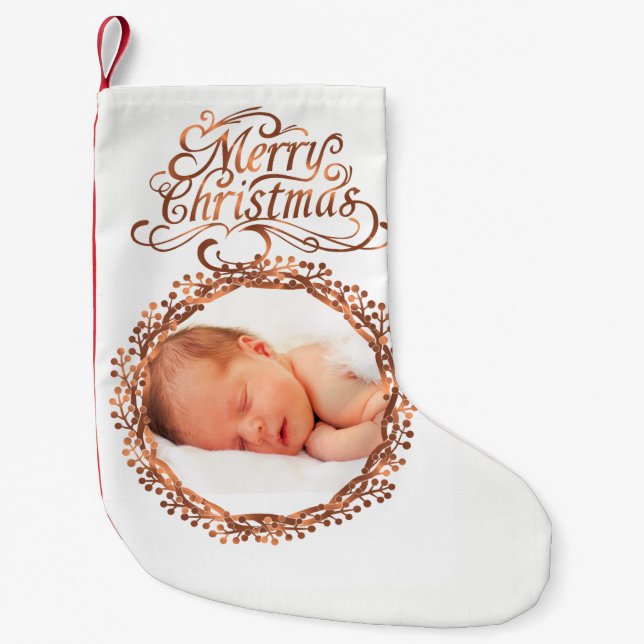Copper-look Berry wreath & Merry Christmas script Small Christmas Stocking (Front)