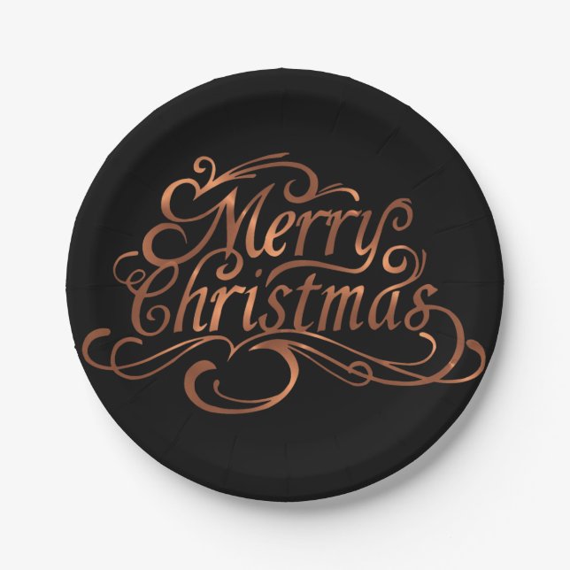 Copper-look Merry Christmas script design Paper Plate (Front)