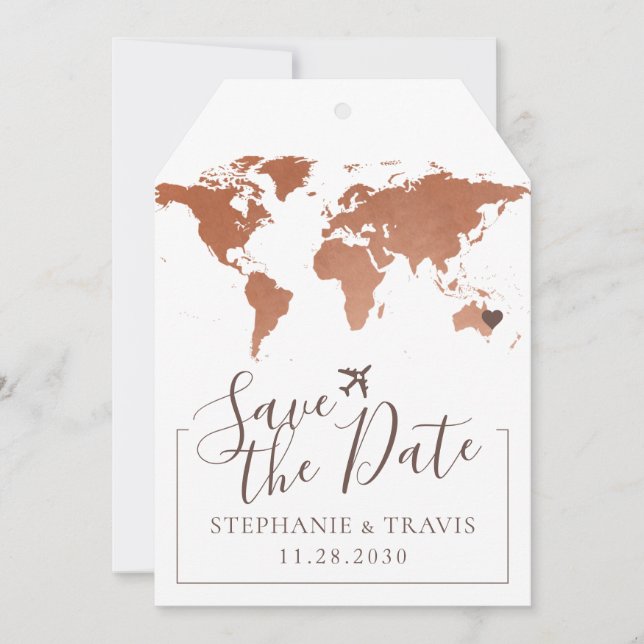 Copper Map Destination Luggage Tag Save the Date (Front)