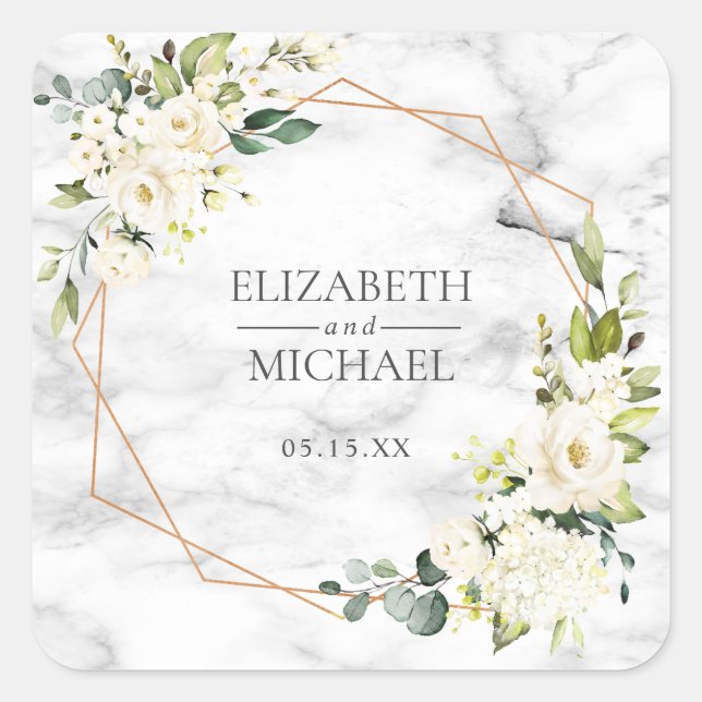 Copper Marble Geometric Floral Wedding Sticker (Front)