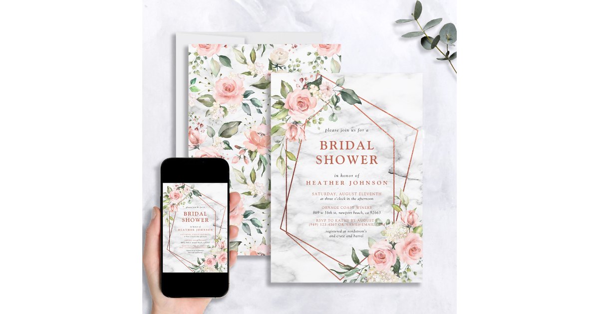 Copper Marble Geometric Pink Floral Bridal Shower Invitation | Zazzle