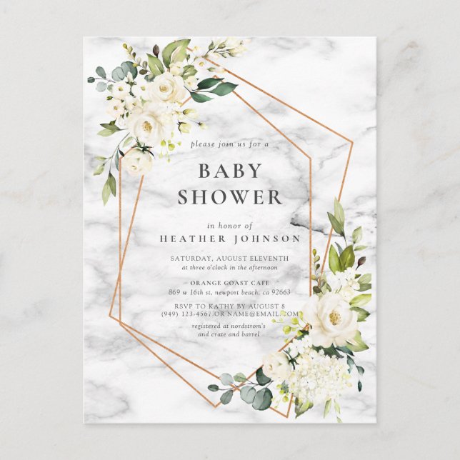 Copper Marble Geometric White Floral Baby Shower Announcement Postcard (Front)
