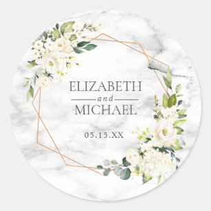 Copper Marble Geometric White Floral Wedding Classic Round Sticker