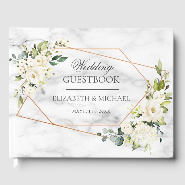 Copper Marble Geometric White Floral Wedding Guest Book (Front)