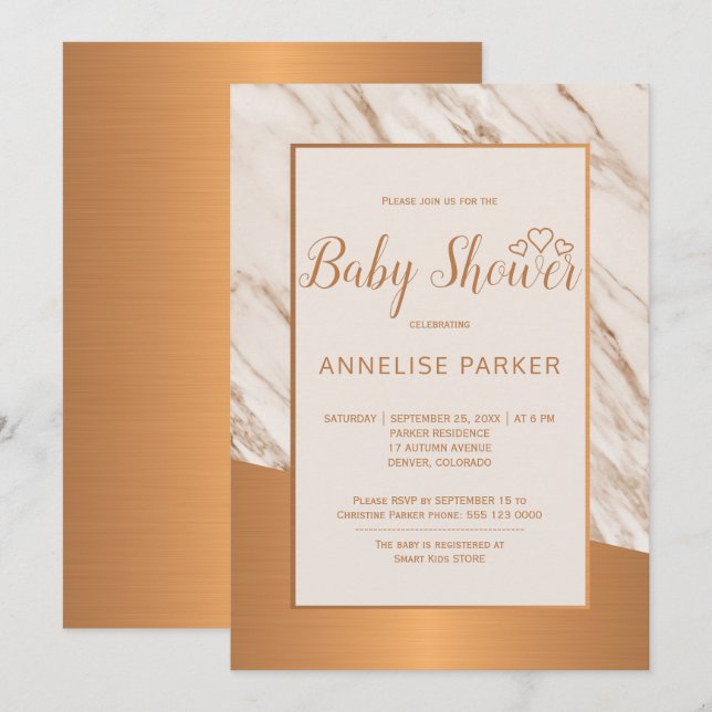 Copper marble trendy glam elegant baby shower invitation (Front/Back)